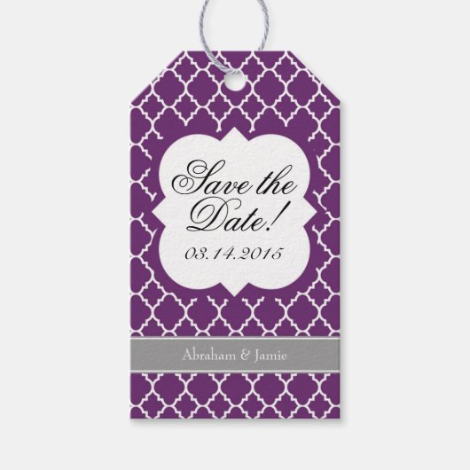 Paarse Witte Quatrefoil Save The Date Label Cadeaulabel (Voorkant)