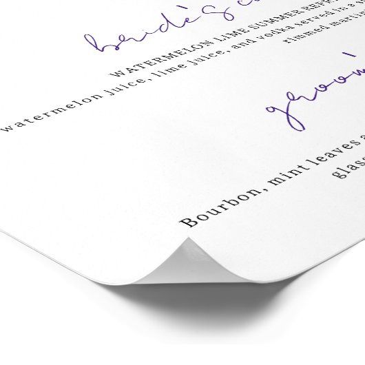 Paarse & Witte Signature Drinken Bruiloft Bar Post Poster (Hoek)