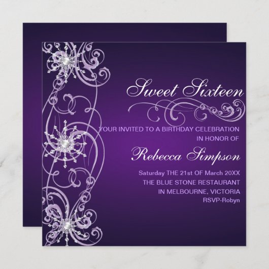 Paarse & Witte Sneeuwvlok Sweet 16 Verjaardag Uitn Kaart (Voorkant / Achterkant)