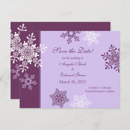 Paarse witte sneeuwvlok Winter Save the Date (Voorkant / Achterkant)