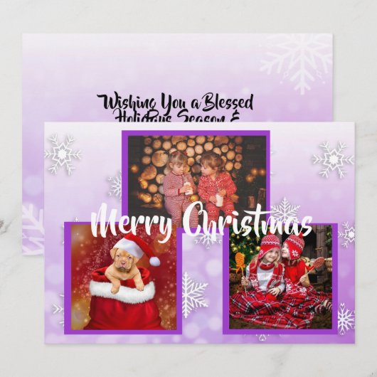 Paarse witte sneeuwvlokken Familie Foto's Kerstmis Kaart (Voorkant / Achterkant)