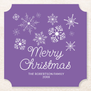 Paarse witte sneeuwvlokken kerstfeest kartonnen onderzetters