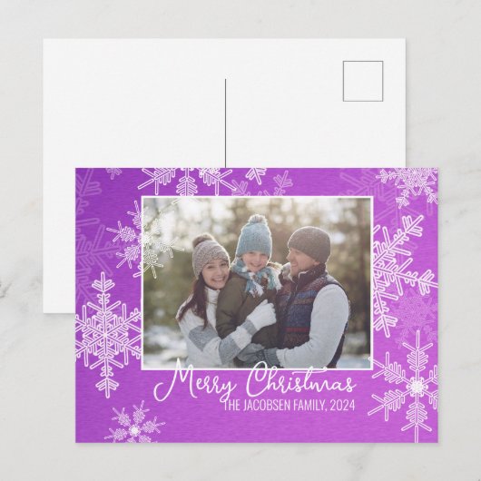 Paarse Witte Sneeuwvlokken Minimalistische Kerstfo Feestdagenkaart (Voorkant / Achterkant)