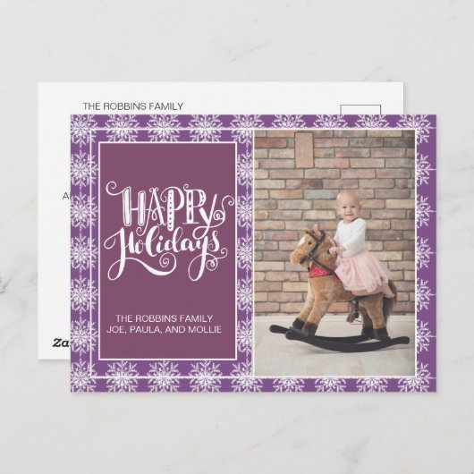 Paarse witte sneeuwvlokken Prettige feestdagen Ker Briefkaart (Voorkant / Achterkant)