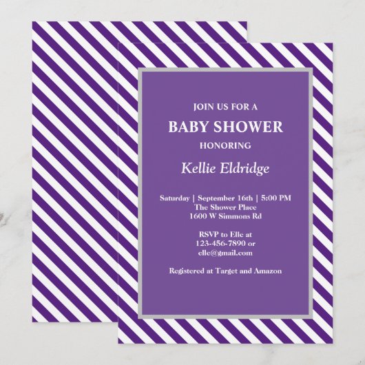 Paarse/witte strepen Baby shower Uitnodiging (Voorkant / Achterkant)