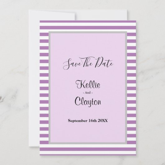 Paarse/witte strepen die het huwelijk sparen save the date (Voorkant)