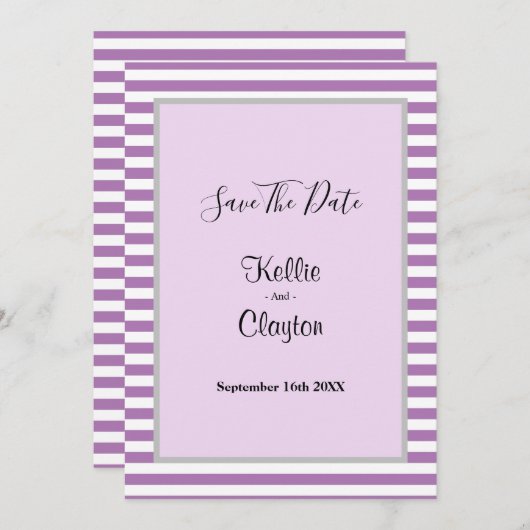 Paarse/witte strepen die het huwelijk sparen save the date (Voorkant / Achterkant)