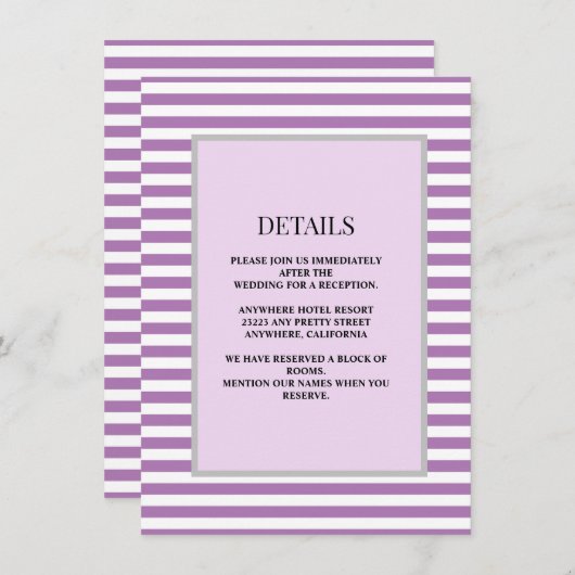 Paarse/witte strepen ingelijste bruiloft details informatiekaartje (Voorkant / Achterkant)