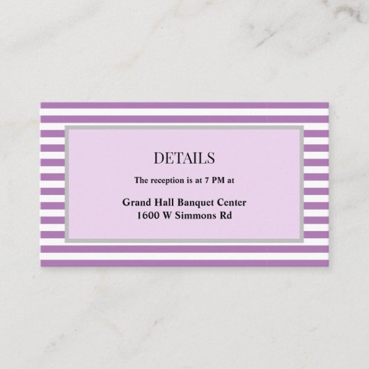 Paarse/witte strepen ingelijste bruiloft details informatiekaartje (Voorkant)