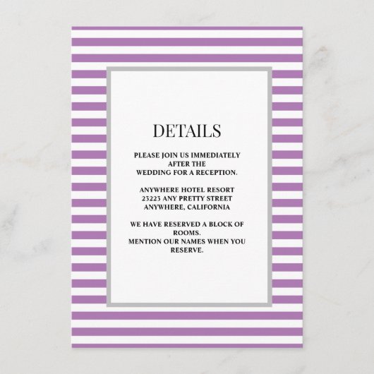 Paarse/witte strepen ingelijste bruiloft details informatiekaartje (Voorkant)