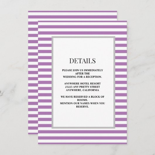 Paarse/witte strepen ingelijste bruiloft details informatiekaartje (Voorkant / Achterkant)