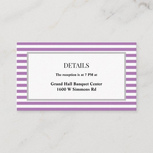 Paarse/witte strepen ingelijste bruiloft details informatiekaartje (Voorkant)