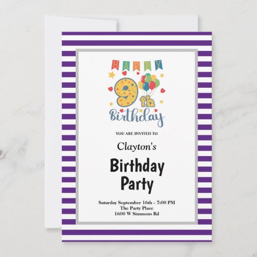 Paarse/witte strepen, negende verjaardag kaart (Voorkant)