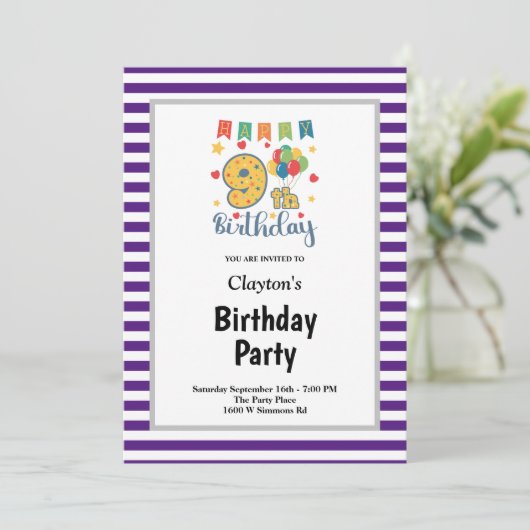 Paarse/witte strepen, negende verjaardag kaart (Staand voorkant)