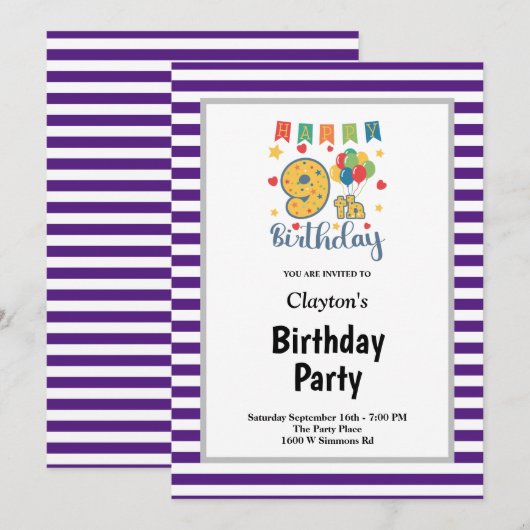 Paarse/witte strepen, negende verjaardag kaart (Voorkant / Achterkant)