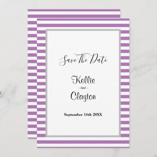 Paarse/Witte Strepen Omlijst Huwelijk Save The Dat Save The Date (Voorkant / Achterkant)