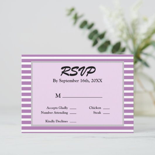 Paarse/witte strepes met RSVP-kaart RSVP Kaartje (Staand voorkant)