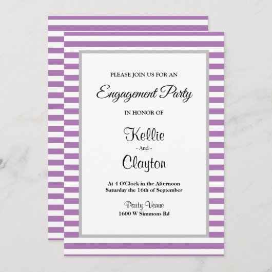 Paarse/Witte Stripes Ingagement Party Kaart (Voorkant / Achterkant)