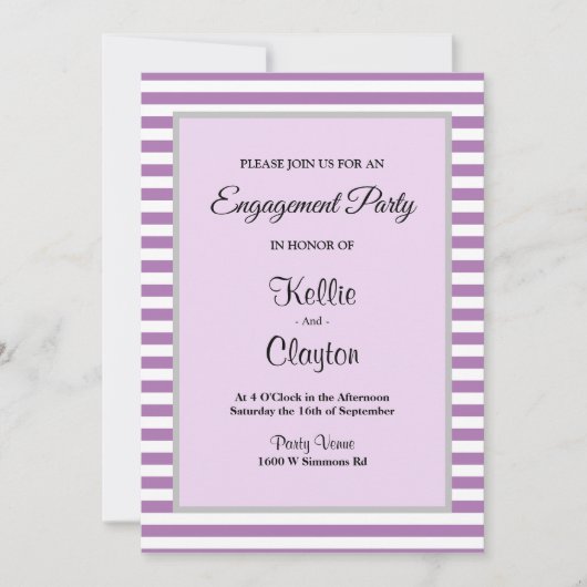 Paarse/Witte Stripes Ingagement Party Kaart (Voorkant)