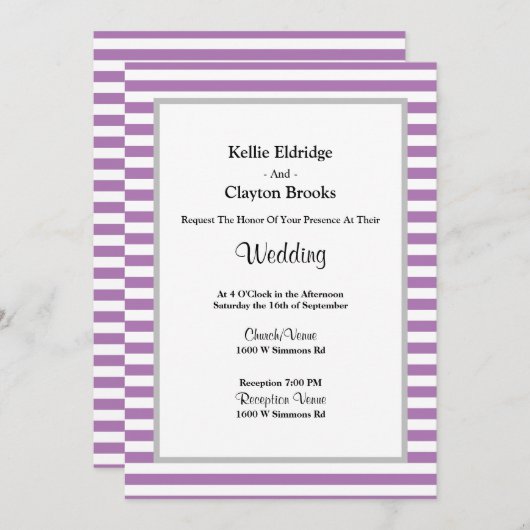 Paarse/Witte Stripes Uitnodiging tot weduwschap (Voorkant / Achterkant)