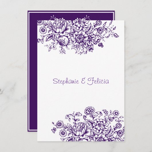 Paarse & witte toile bloemenbruiloft kaart (Voorkant / Achterkant)