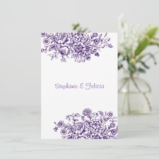 Paarse & witte toile bloemenbruiloft kaart (Staand voorkant)