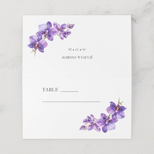 Paarse witte trendy bruiloft plaatskaartje (Buitenkant ongevouwen)