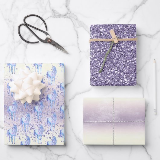 Paarse witte unicorn Sparkle Glitter Dream Inpakpapier Vel (Voorkant)
