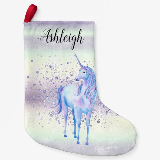 Paarse witte unicorn Sparkle Glitter Name Kleine Kerstsok (Voorkant)