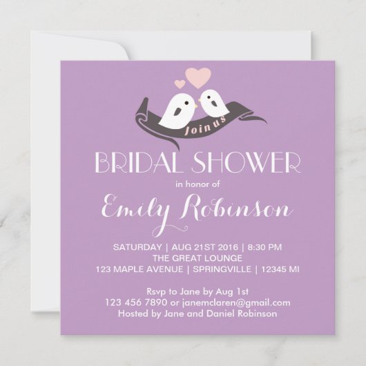 Paarse witte vedervogels Bridal Shower Invitation Kaart (Voorkant)