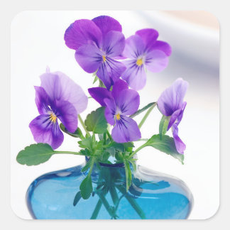 Paarse witte ViolasFlowers Blue Vase Floral Vierkante Sticker