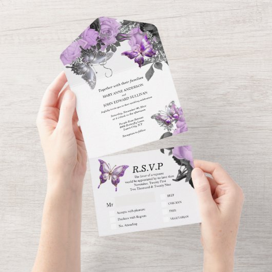 Paarse witte vlinder bruiloft sierlijke zomer all in one uitnodiging (Afscheurbaar)