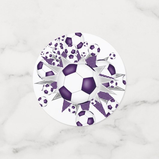 Paarse witte voetbal blowout verjaardagsfeestje confetti (Kleine voorkant)