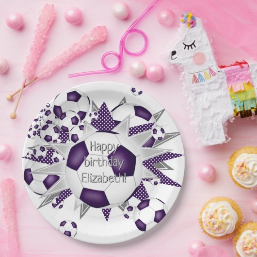 Paarse witte voetballen sterren verjaardag papieren bordje (Feest)