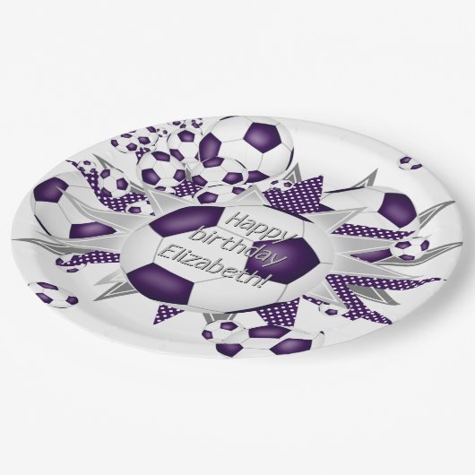 Paarse witte voetballen sterren verjaardag papieren bordje (Gekanteld)
