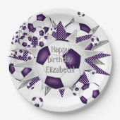 Paarse witte voetballen sterren verjaardag papieren bordje (Voorkant)