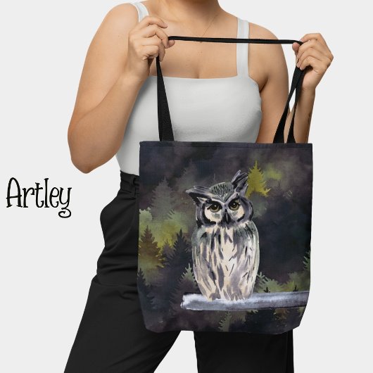 Paarse witte Waterverf bos sneeuw uil Tote Bag