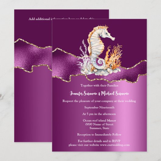 Paarse witte zeepaardstrand glitter goud nautisch kaart (Voorkant / Achterkant)