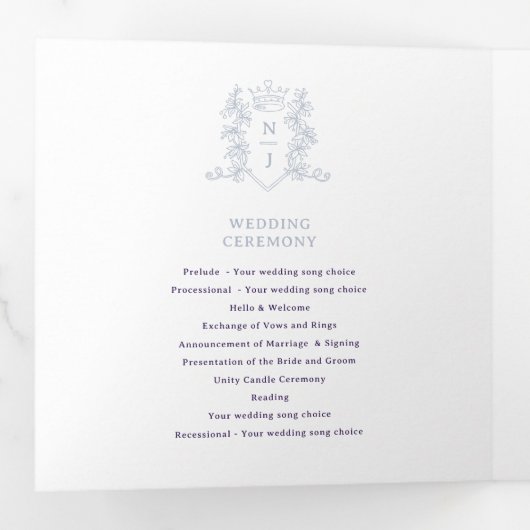 Paarse witte zilveren foto kroonmonogram bruiloft drieluik programma (Binnenzijde eerst)