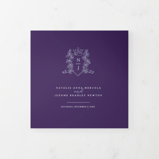 Paarse witte zilveren foto kroonmonogram bruiloft drieluik programma (Cover)