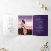 Paarse witte zilveren foto kroonmonogram bruiloft drieluik programma (Binnen)