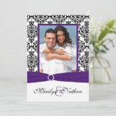 Paarse, witte, zwarte Damasfoto-bruiloft uitnodige Kaart (Staand voorkant)