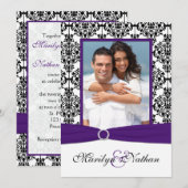 Paarse, witte, zwarte Damasfoto-bruiloft uitnodige Kaart (Voorkant / Achterkant)