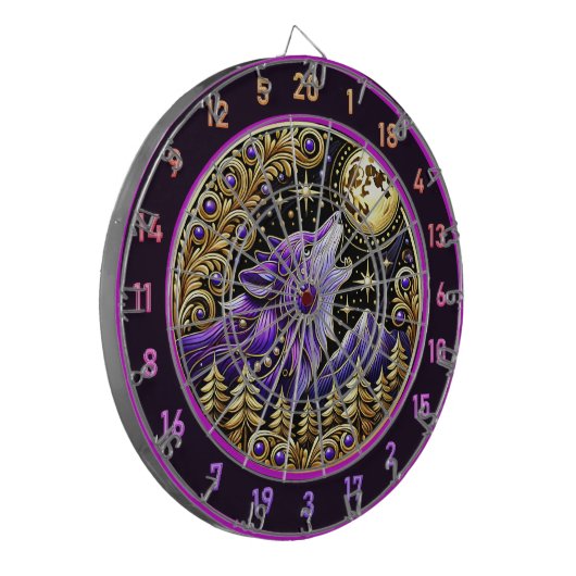 Paarse wolf tegen Sterrennacht Dartbord (Voorkant Links)