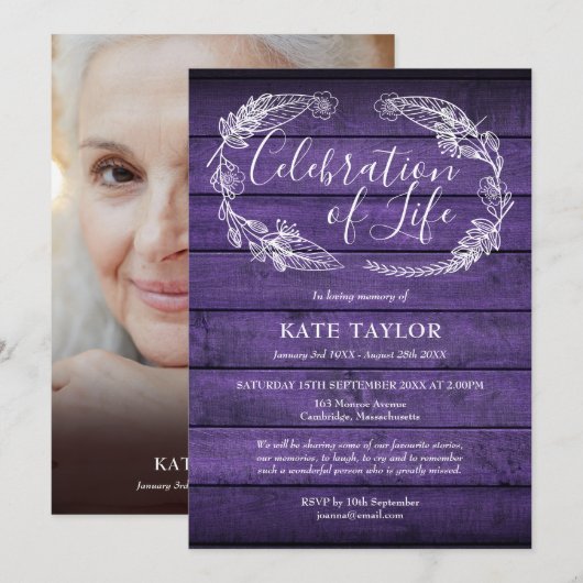 Paarse Wood Funeral Celebration of Life Foto Kaart (Voorkant / Achterkant)