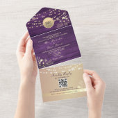 Paarse Wood String Lights Rustieke bruiloft All In One Uitnodiging (Afscheurbaar)