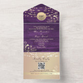 Paarse Wood String Lights Rustieke bruiloft All In One Uitnodiging (Binnen)