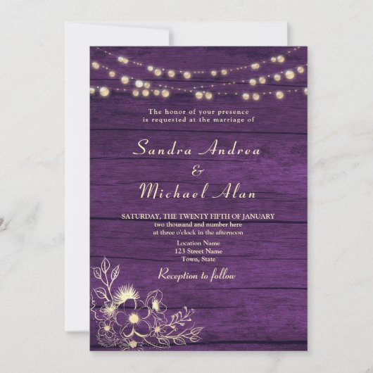 Paarse Wood String Lights Wedding Kaart (Voorkant)
