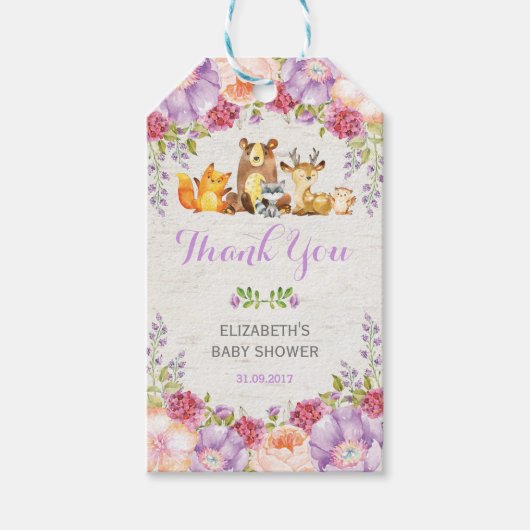 Paarse Woodland Forest Meisje Baby shower Favor Cadeaulabel (Voorkant)