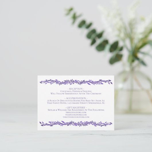 Paarse Woodsy Wedding Ultra Violet Details Informatiekaartje (Staand voorkant)